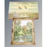 An unframed oil on canvas painting depicting ducks in flight, 91cm by 61cm,