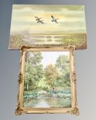 An unframed oil on canvas painting depicting ducks in flight, 91cm by 61cm,