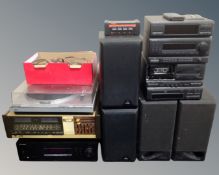 A group of hifi equipment with continental wiring including Kenwood hifi, JVC turntable,
