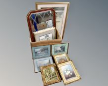 A box containing a contemporary mirror, gilt framed oil on canvas, further pictures etc.