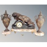 A three piece marble and patinated metal clock garniture,