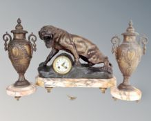 A three piece marble and patinated metal clock garniture,