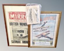 A framed Daily Mirror front page, dated 1909, together with a further framed RAF recruitment print.