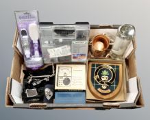 A box containing watch makers tool, pedicure set, Minicraft hobby kit, framed oak plaque etc.