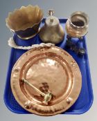 A tray containing brass ship's bell, brass planter, gavel, copper plate,