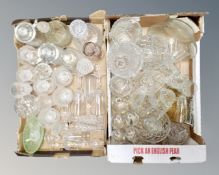 Two boxes of 20th century pressed glass and crystal including sets of glasses, decanters,