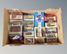 A box containing a collection of mostly boxed die cast vehicles including Oxford, Corgi etc.