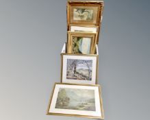 A box of 20th century gilt framed pictures and prints, oil on canvas depicting a highland loch,