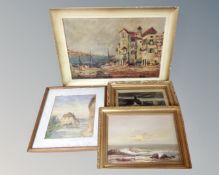 J Bird (20th century) : Seascape, oil on canvas, together with three further pictures.
