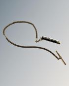 A Victorian watch chain constructed from plaited hair, with T-bar and pocket knife suspended,