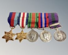 A group of five World War II miniature medals including Palestine medal with bar, Palestine 1945-48.