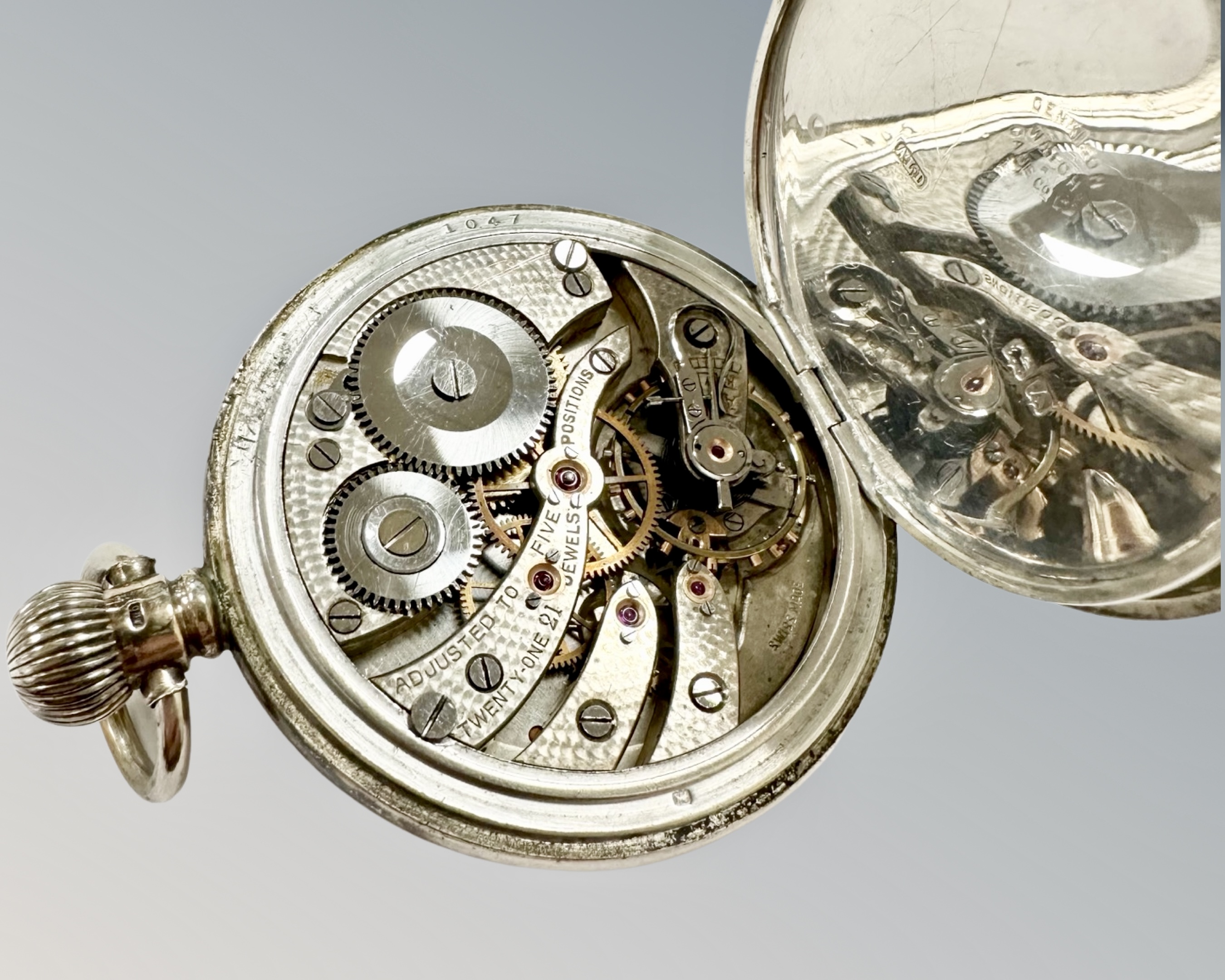 A silver half hunter pocket watch, Dennison watch case Ltd, - Image 2 of 2