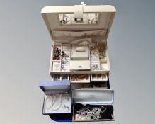 A tray containing a large contemporary jewellery box and contents including cameo ring, gilt chain,