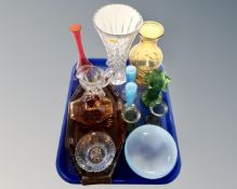 A tray of 20th century coloured glassware.