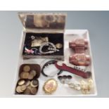 A plated trinket box containing a small quantity of costume jewellery, vintage coins, binoculars,