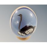 A hand-painted ostrich egg on wood stand.