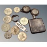 A miniature silver flask with London hallmarks, silver sovereign case (AF), ingot pendant,