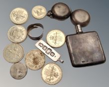 A miniature silver flask with London hallmarks, silver sovereign case (AF), ingot pendant,