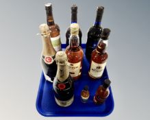 A tray of assorted alcohol including Moet and Chandon champagne, blended scotch whisky,