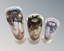 A graduated set of three handmade, mouth-blown vases by Martin & Yeates of Corby Castle.