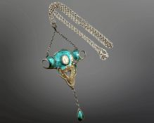 An Art Nouveau silver and enamelled pendant inset with a pearl, top of pendant to droplet 59mm,