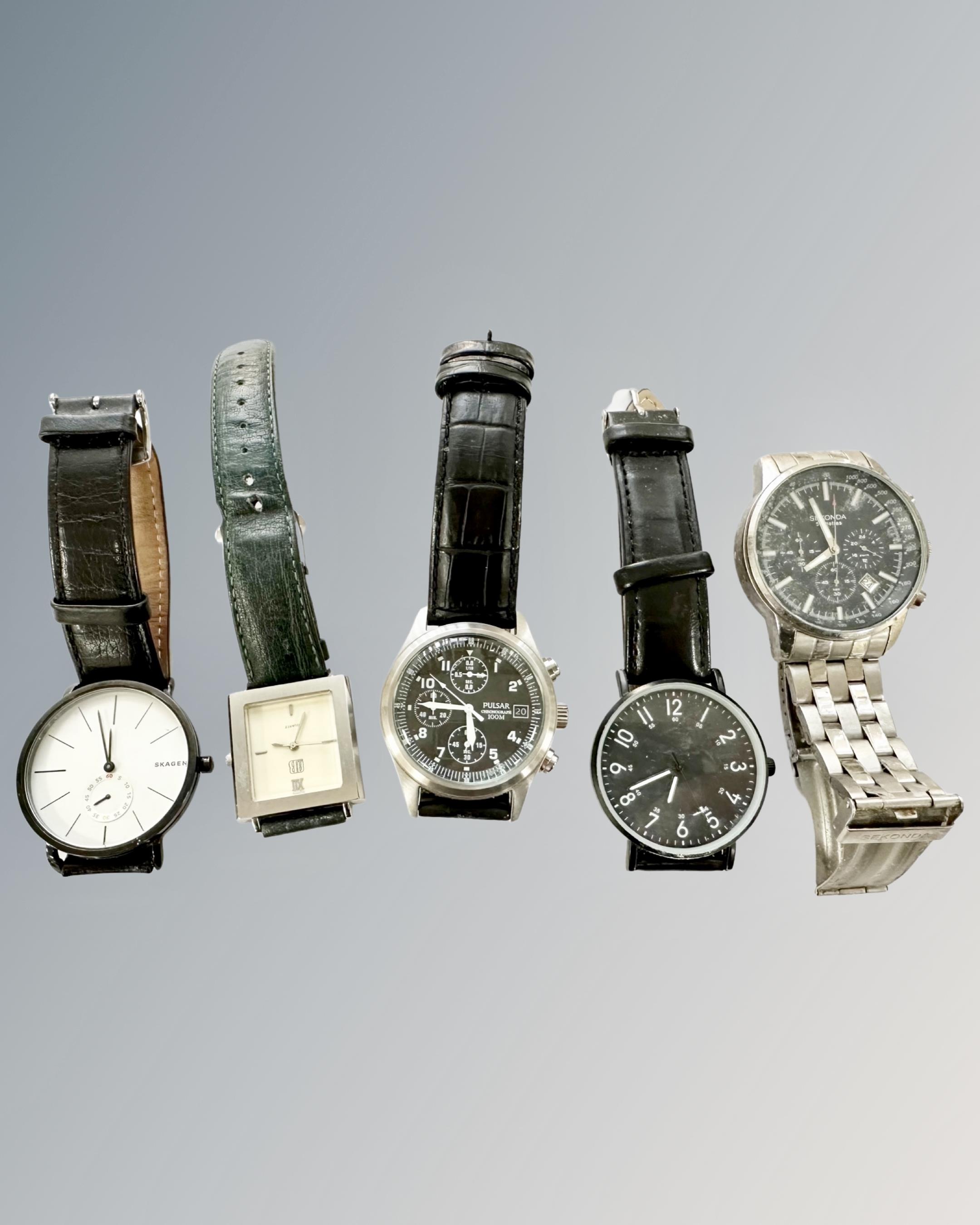 Five Gentleman's wristwatches - Skagen, Sekonda, Pulsar etc.