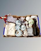 A box containing antique English tea china, mottled glass vase, pen stand, vintage doll etc.