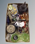 A tray of miscellaneous items including AA badge, 1960's Ban The Bomb necklace,