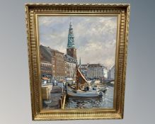 20th century continental school : Boats on a canal, oil on canvas, indistinctly signed,