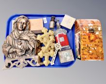 A group of eastern orthodox items including metal plaque, crucifixes, box containing 'holy oils',