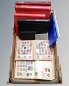 A box containing several albums of antiquarian and later stamps.