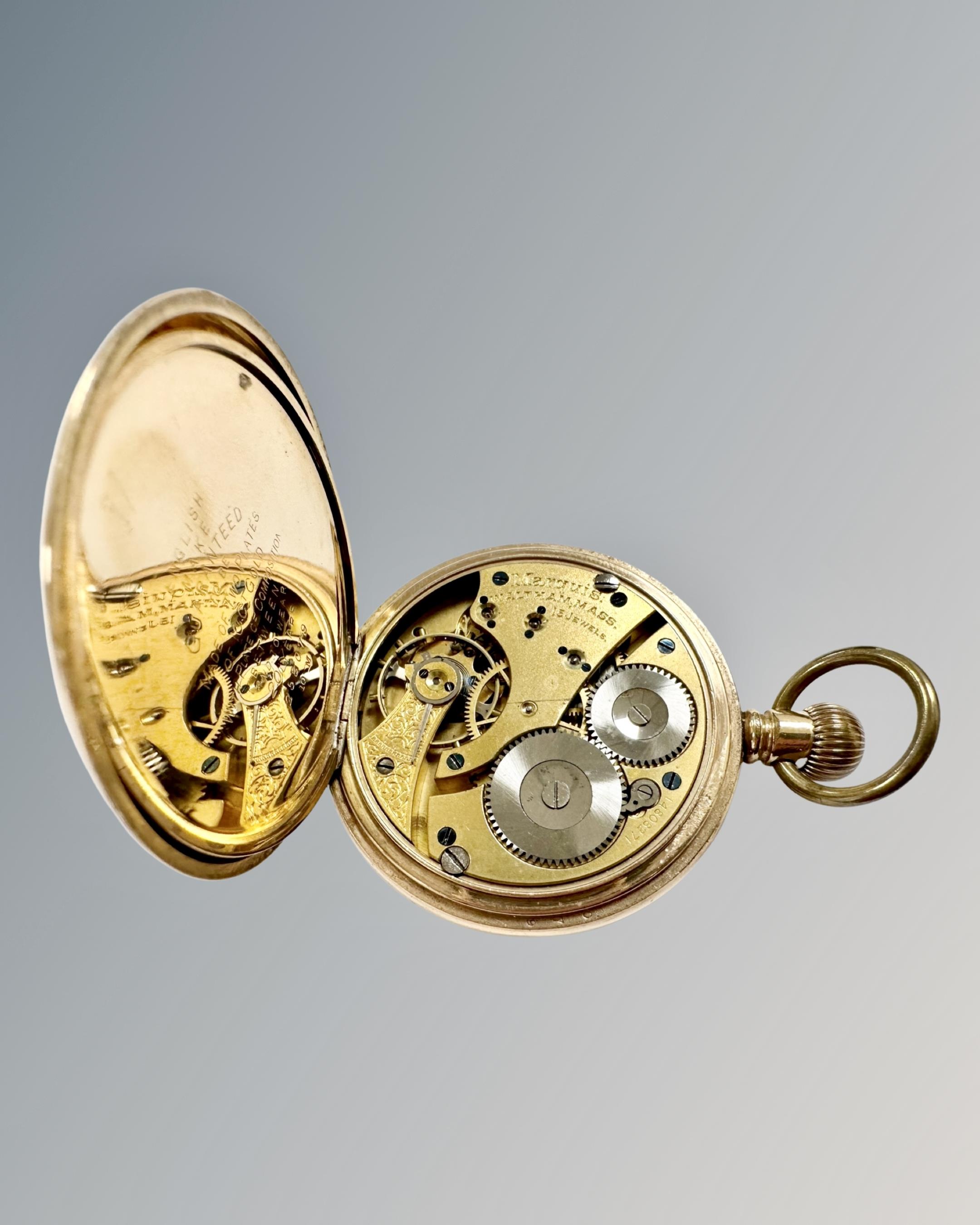A 10ct gold plated half hunter pocket watch by Waltham 'Marquis' Mass movement numbered 14808271 - Image 2 of 2