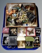 A tray containing assorted costume jewellery, earrings, cuff links, brooches,