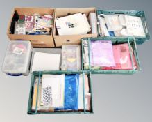 Six crates and boxes containing a large quantity of craft supplies.