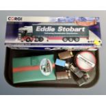 A tray containing Corgi Eddie Stobart Scania R Curtainside trailer, further die cast vehicles,