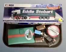 A tray containing Corgi Eddie Stobart Scania R Curtainside trailer, further die cast vehicles,