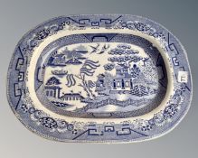 A 19th century blue and white willow pattern meat plate.