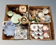Two boxes containing Masons plates, Wade china ornaments, figurine, coffee set etc.