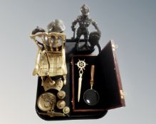 A tray containing miniature brass rocking chair, brass weights, metal figure of a knight,