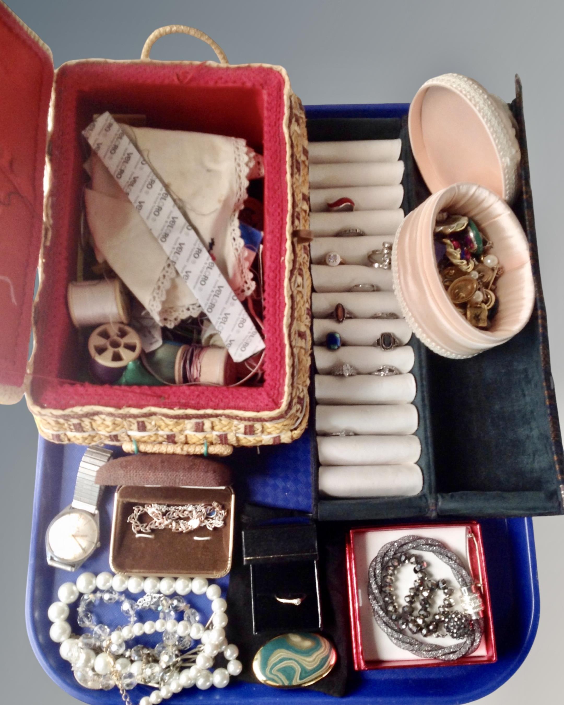 A tray containing a 9ct gold solitaire dress ring, gent's wristwatch, costume jewellery,