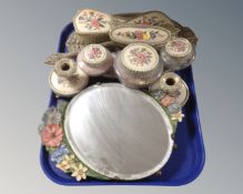 A tray containing Petit Point dressing table pieces including brushes, pair of candlesticks,
