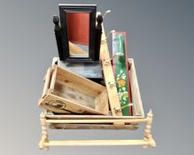 A vintage pine crate containing dressing table mirror, coat racks, smaller crate etc.
