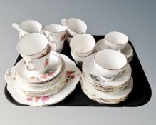 A tray containing Windsor Chrysanthemum and Roslyn part tea sets.