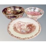 Three Maling lustre bowls together with a Royal Doulton The Old Balloon Seller plate.