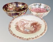 Three Maling lustre bowls together with a Royal Doulton The Old Balloon Seller plate.