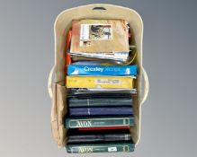 A crate containing numerous stamp albums (all empty), folders, stamp collecting reference books,