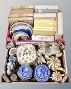 Two boxes containing boxed collector's plates, Ringtons blue and white caddies, tea china etc.