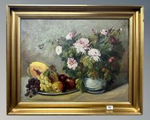 G. B. DuBois (20th century) : Still life with flowers and fruit, oil on canvas, 63cm by 48cm.