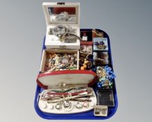 A tray of costume jewellery including bead necklaces, lady's wristwatch, earrings etc.