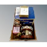 A box containing Lemax carousel, cast brass figure of a man leaning against a lamp post,